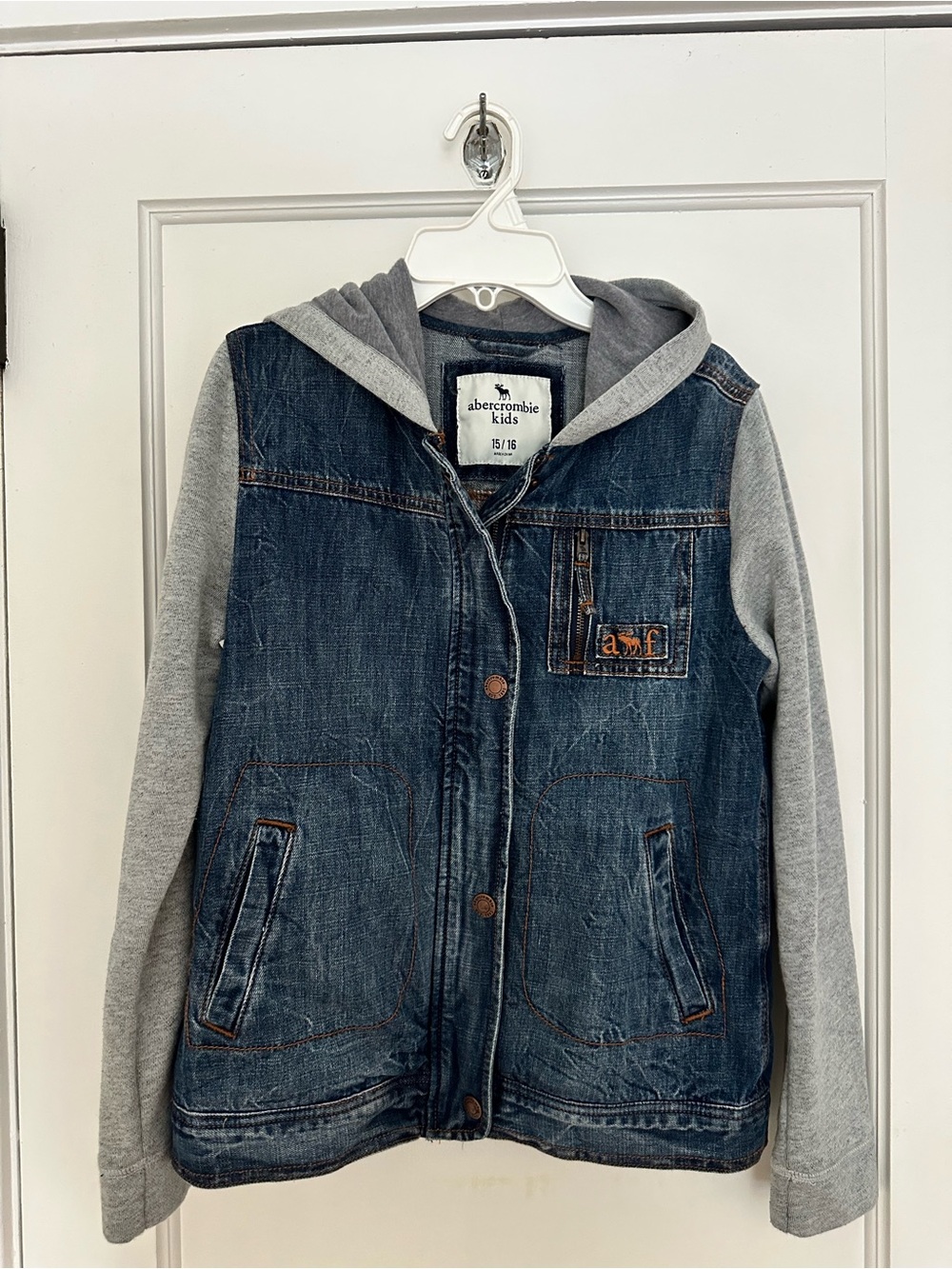 abercrombie kids girl size 15/16 Blue Denim Jacket with Gray Hood & Sleeves